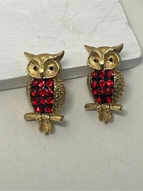 Whimsical Owl Brooches | Set of Two | Red Rhinestone Gold Tone | VTG Signed J&J
